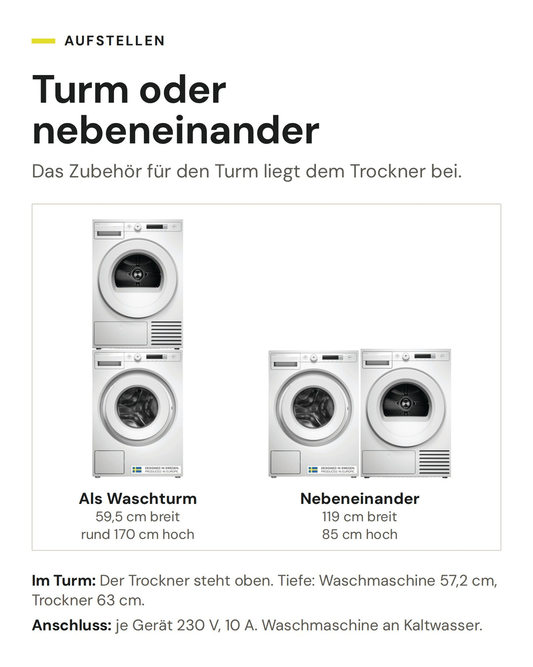 ASKO Waschset W 1084B W und T 108HB W als Waschturm (59,5 cm breit, rund 170 cm hoch) oder nebeneinander (119 cm breit, 85 cm hoch)