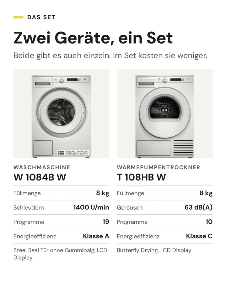 Die zwei Geräte im ASKO Waschset: Waschmaschine W 1084B W mit 8 kg, 1400 U/min und 19 Programmen, Wärmepumpentrockner T 108HB W mit 8 kg, 63 dB(A) und 10 Programmen