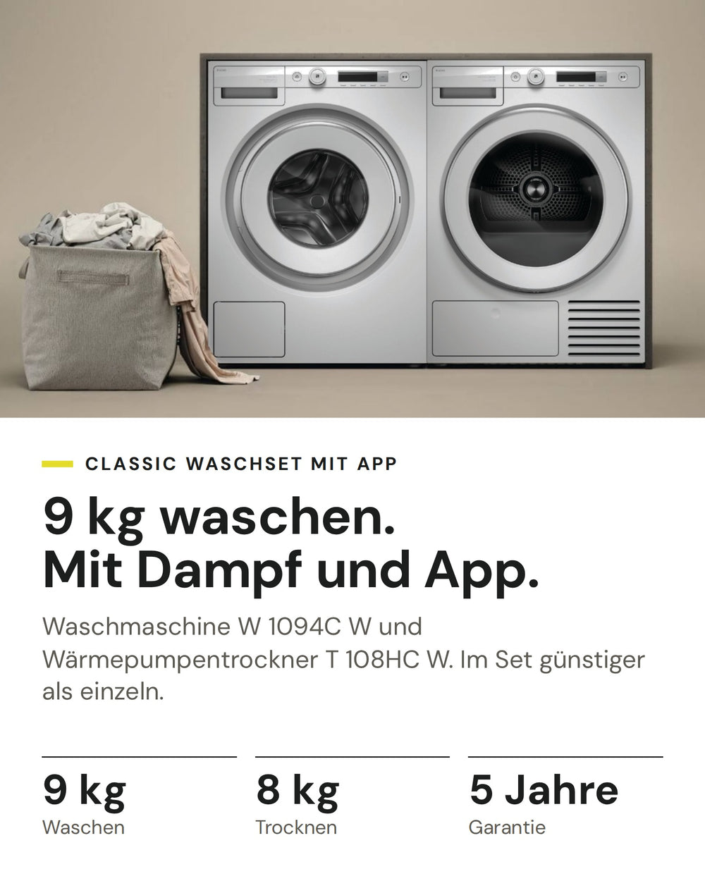 ASKO Waschset auf einen Blick: Waschmaschine W 1094C W mit 9 kg und Wärmepumpentrockner T 108HC W mit 8 kg, im Set günstiger als einzeln