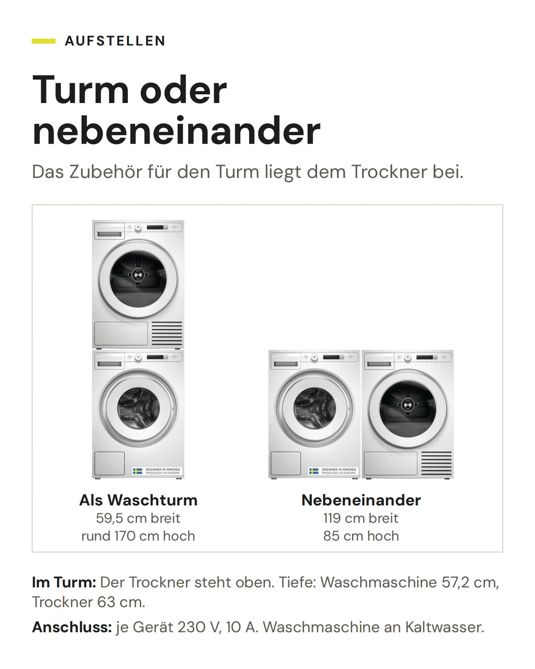 ASKO Waschset W 1094C W und T 108HC W als Waschturm (59,5 cm breit, rund 170 cm hoch) oder nebeneinander (119 cm breit, 85 cm hoch)