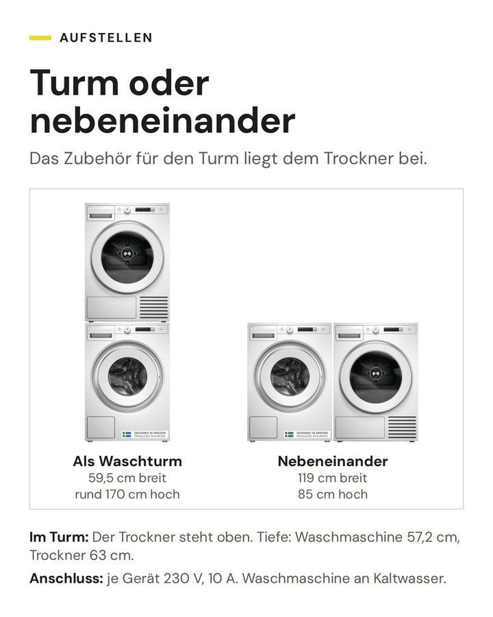 ASKO Waschset W 1094C W und T 108HC W als Waschturm (59,5 cm breit, rund 170 cm hoch) oder nebeneinander (119 cm breit, 85 cm hoch)