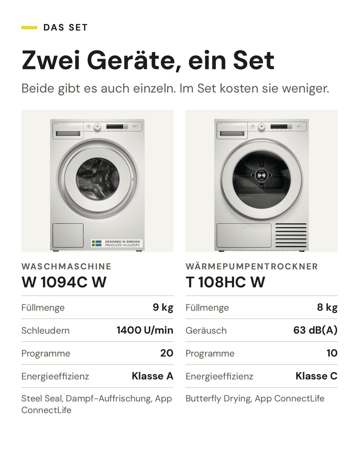 Die zwei Geräte im ASKO Waschset: Waschmaschine W 1094C W mit 9 kg, 1400 U/min und 20 Programmen, Wärmepumpentrockner T 108HC W mit 8 kg, 63 dB(A) und 10 Programmen