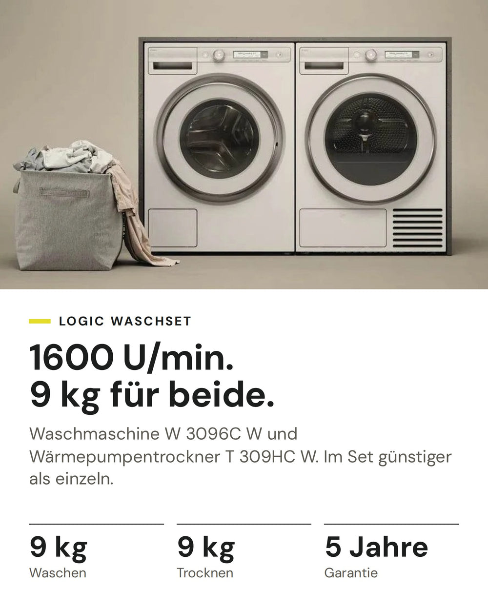 ASKO Waschset auf einen Blick: Waschmaschine W 3096C W mit 9 kg und Wärmepumpentrockner T 309HC W mit 9 kg, im Set günstiger als einzeln