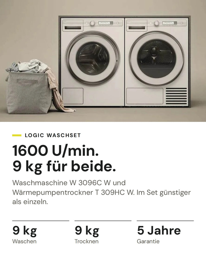 ASKO Waschset auf einen Blick: Waschmaschine W 3096C W mit 9 kg und Wärmepumpentrockner T 309HC W mit 9 kg, im Set günstiger als einzeln