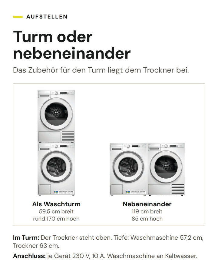ASKO Waschset W 3096C W und T 309HC W als Waschturm (59,5 cm breit, rund 170 cm hoch) oder nebeneinander (119 cm breit, 85 cm hoch)