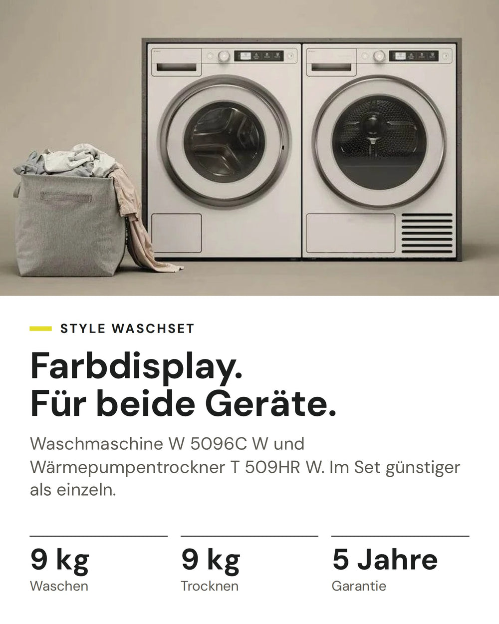 ASKO Waschset auf einen Blick: Waschmaschine W 5096C W mit 9 kg und Wärmepumpentrockner T 509HR W mit 9 kg, im Set günstiger als einzeln