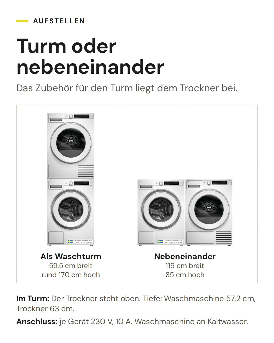 ASKO Waschset W 5096C W und T 509HR W als Waschturm (59,5 cm breit, rund 170 cm hoch) oder nebeneinander (119 cm breit, 85 cm hoch)