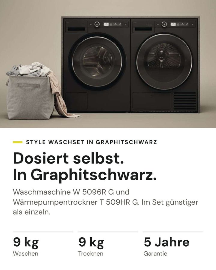 ASKO Waschset auf einen Blick: Waschmaschine W 5096R G mit 9 kg und Wärmepumpentrockner T 509HR G mit 9 kg, im Set günstiger als einzeln