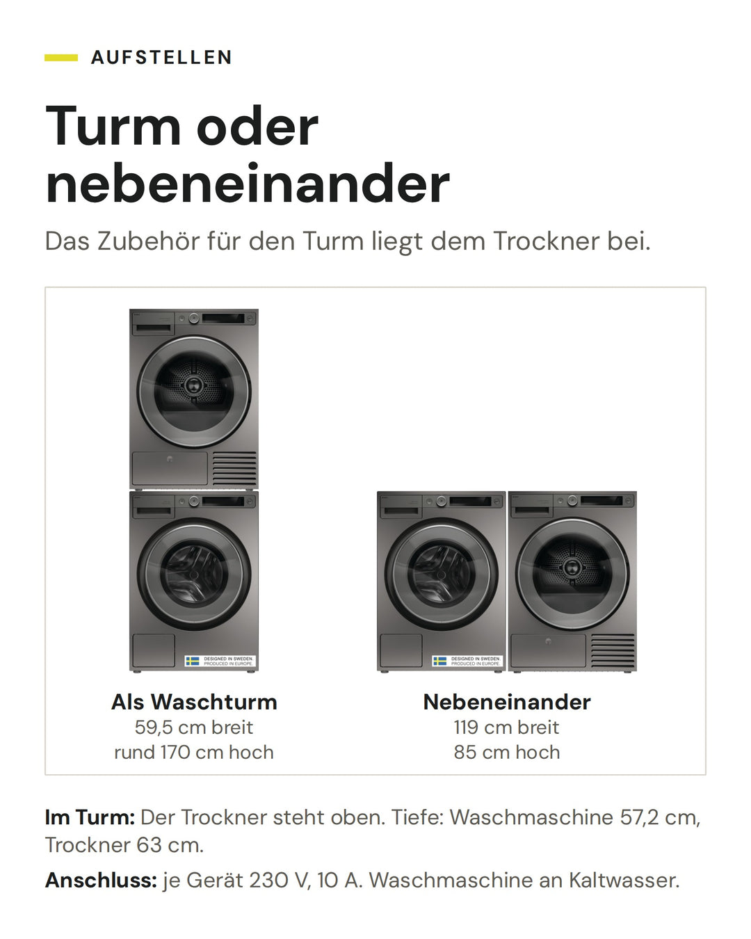 ASKO Waschset W 5096R T und T 509HR T als Waschturm (59,5 cm breit, rund 170 cm hoch) oder nebeneinander (119 cm breit, 85 cm hoch)