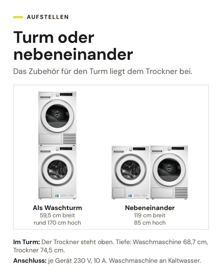 ASKO Waschset W 5114RXL W und T 511HRXL W als Waschturm (59,5 cm breit, rund 170 cm hoch) oder nebeneinander (119 cm breit, 85 cm hoch)