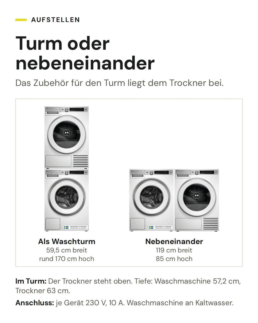 ASKO Waschset W 7096X W und T 709HU W als Waschturm (59,5 cm breit, rund 170 cm hoch) oder nebeneinander (119 cm breit, 85 cm hoch)