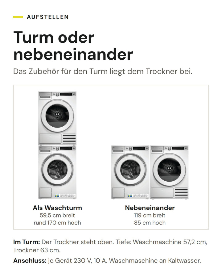 ASKO Waschset W 7096X W und T 709HU W als Waschturm (59,5 cm breit, rund 170 cm hoch) oder nebeneinander (119 cm breit, 85 cm hoch)