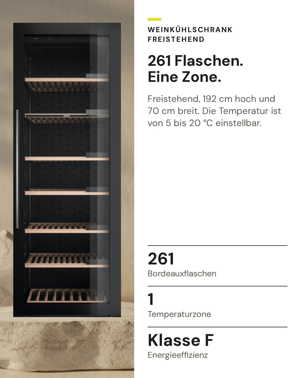 ASKO Weinkühlschrank WCN111942G auf einen Blick: Bordeauxflaschen 261, Temperaturzone 1, Energieeffizienz Klasse F