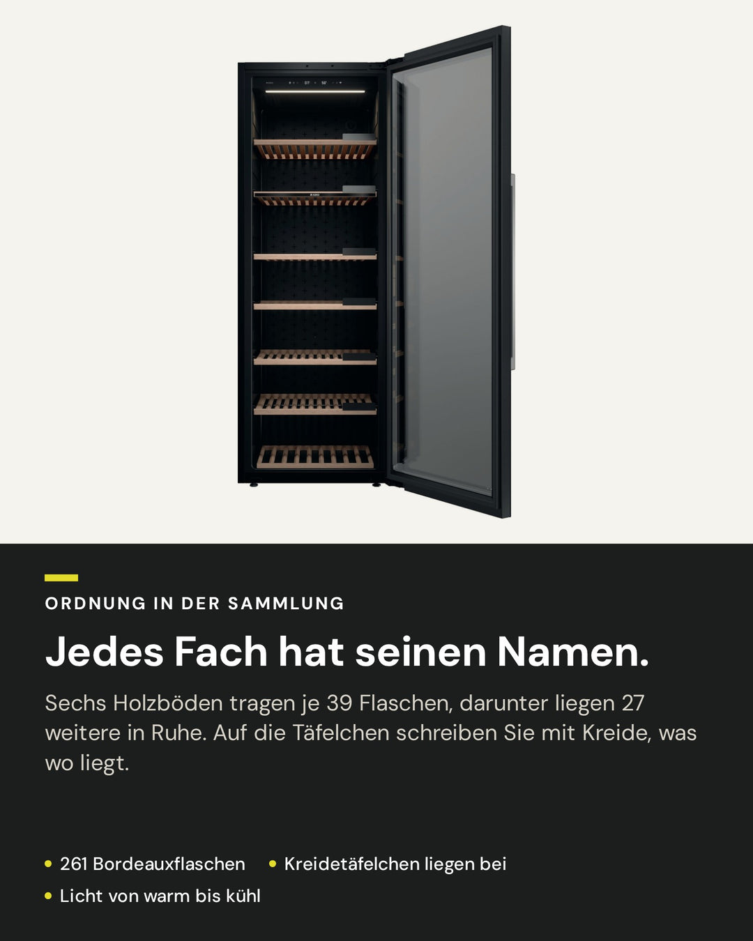 Innenraum des ASKO WCN111942G: sechs Holzböden für je 39 Flaschen, 27 weitere unten, Kreidetäfelchen zum Beschriften