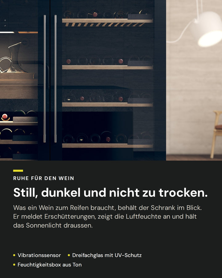 Schutz für den Wein im ASKO WCN111942G: Vibrationssensor, Dreifachglas mit UV-Schutz, Luftfeuchte am Display
