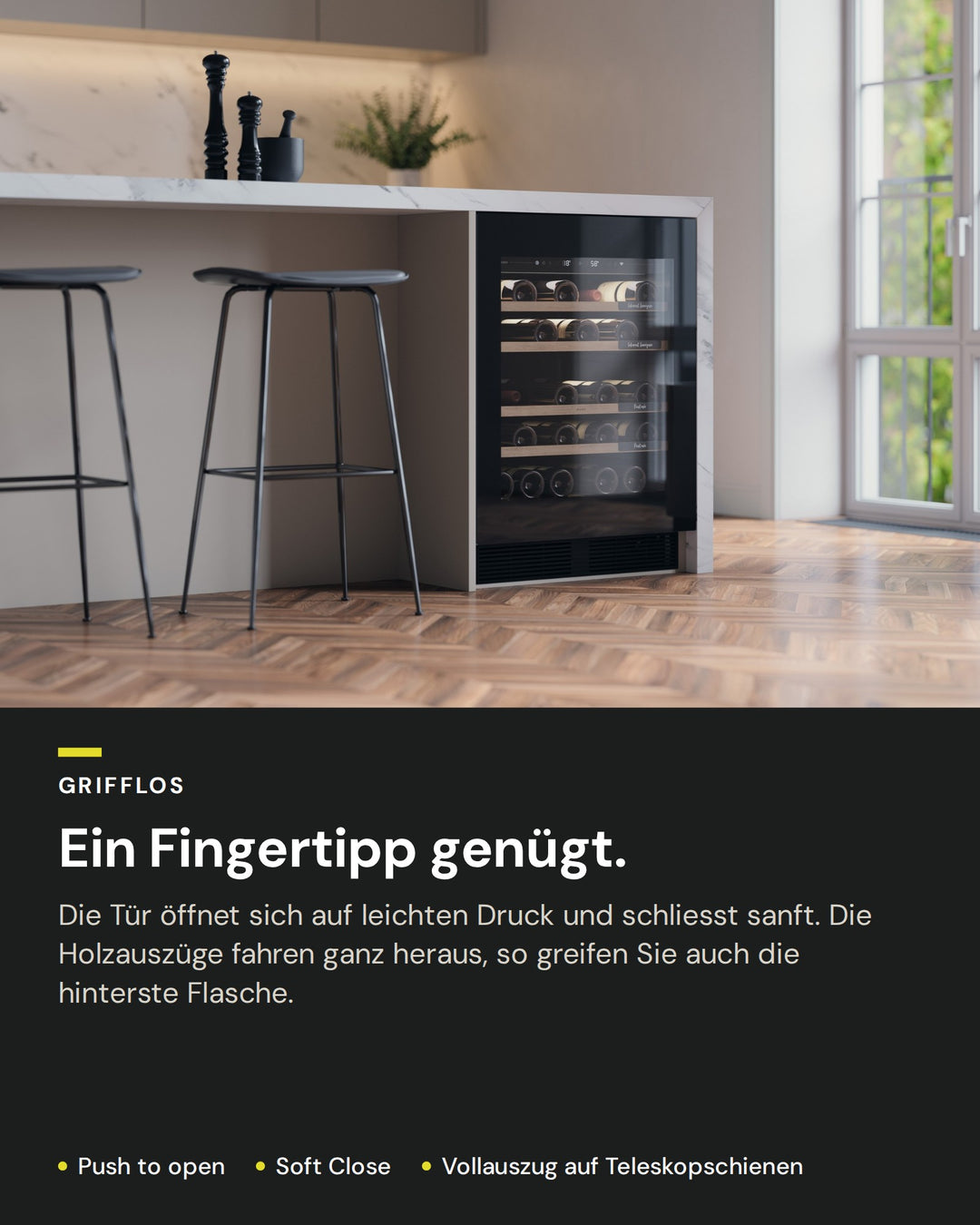 Grifflose Tür am ASKO WCN15842G: Push to open, Soft Close, Holzroste auf Teleskopschienen