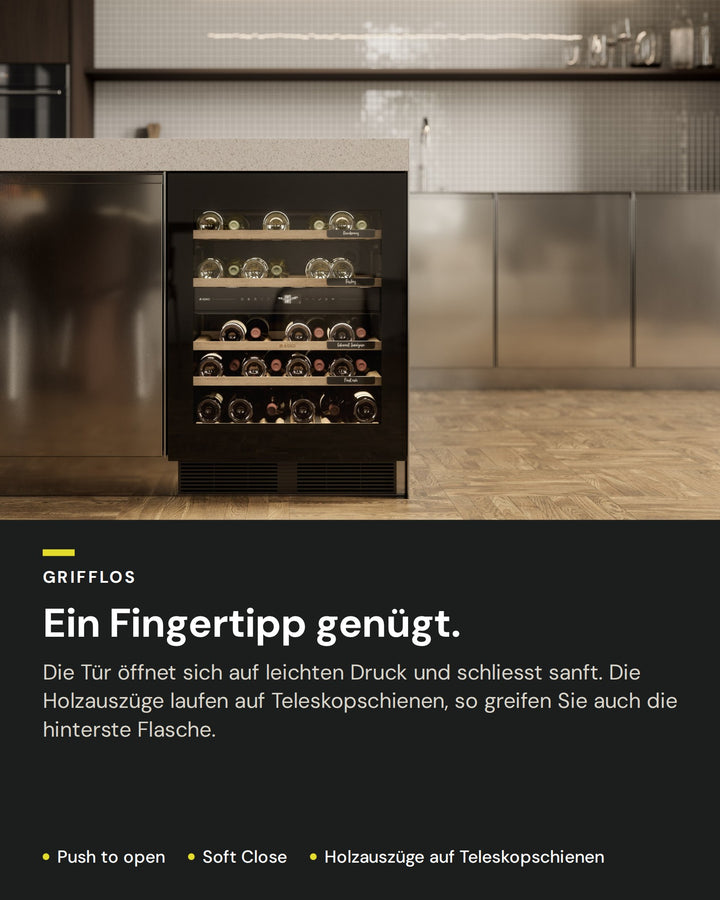Grifflose Tür am ASKO WCN25842G: Push to open, Soft Close, Holzauszüge auf Teleskopschienen