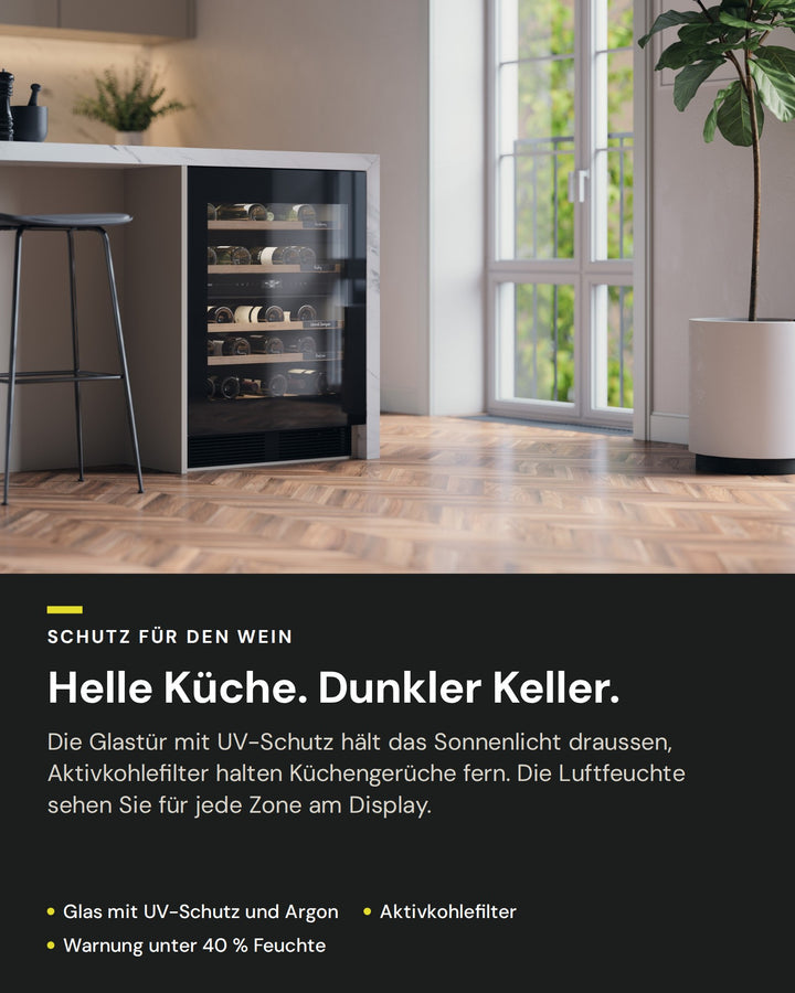 Schutz für den Wein im ASKO WCN25842G: Glastür mit UV-Schutz, Aktivkohlefilter, Luftfeuchte je Zone am Display