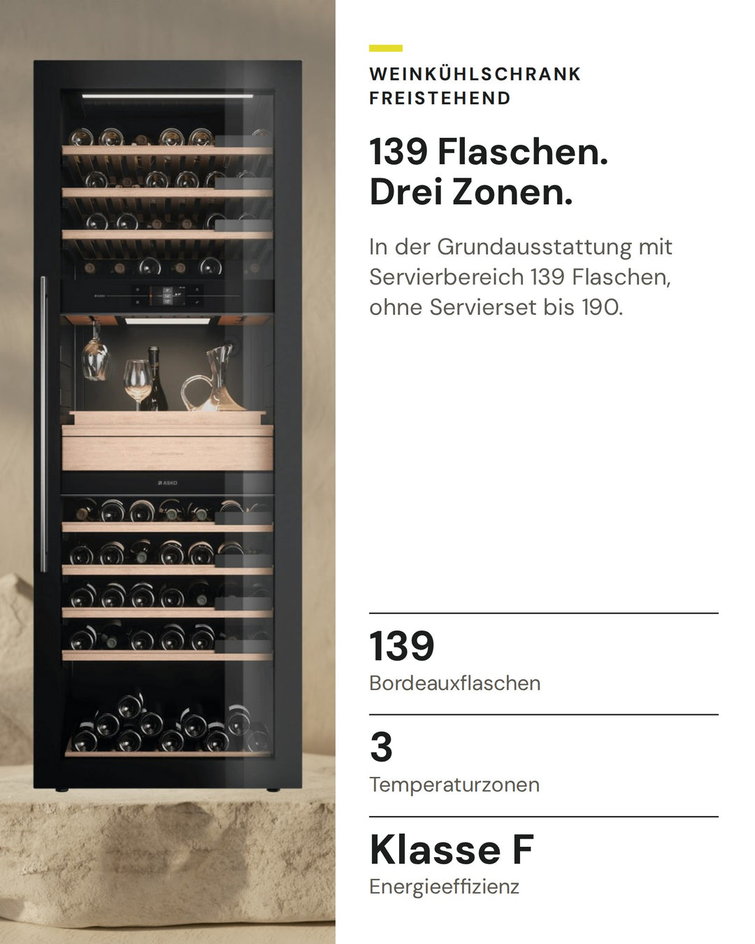 ASKO Weinkühlschrank WCN311942G auf einen Blick: Bordeauxflaschen 139, Temperaturzonen 3, Energieeffizienz Klasse F