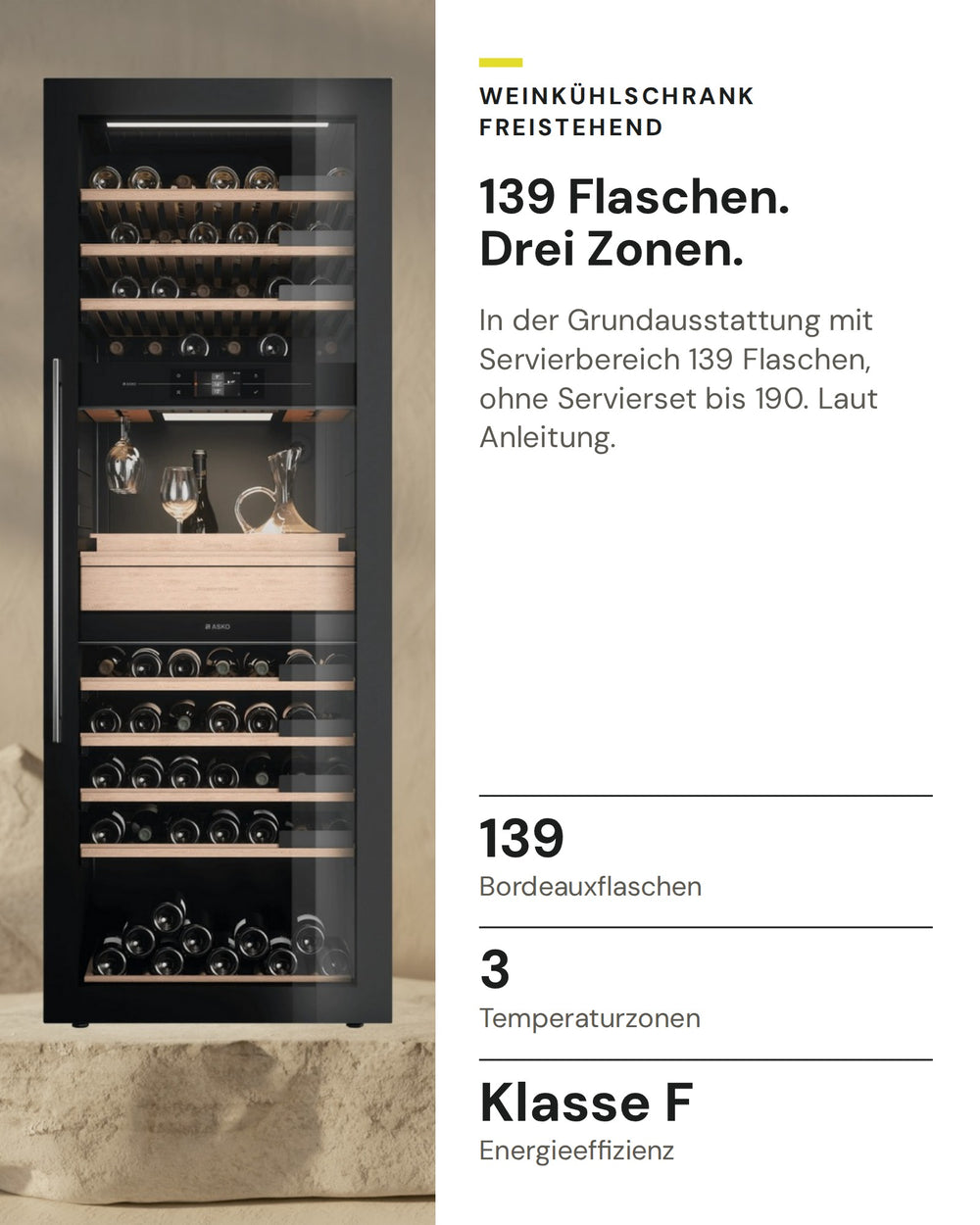 ASKO Weinkühlschrank WCN311942G auf einen Blick: Bordeauxflaschen 139, Temperaturzonen 3, Energieeffizienz Klasse F