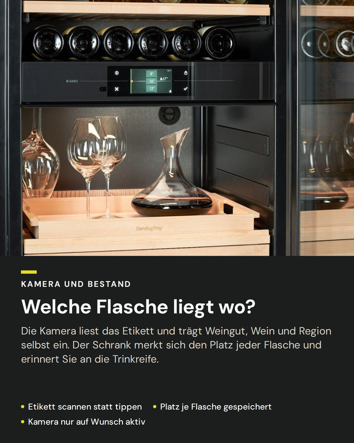 Kamera und Bestandsverwaltung im ASKO WCN311942G: Etikett scannen, Platz jeder Flasche gespeichert, Erinnerung zur Trinkreife