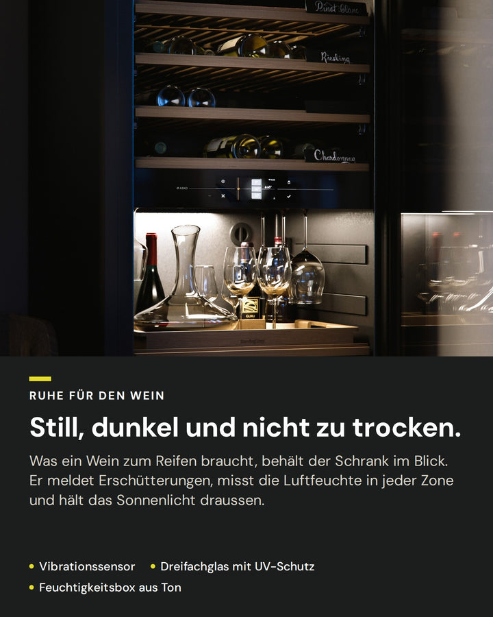 Schutz für den Wein im ASKO WCN311942G: Vibrationssensor, Dreifachglas mit UV-Schutz, Luftfeuchte je Zone gemessen