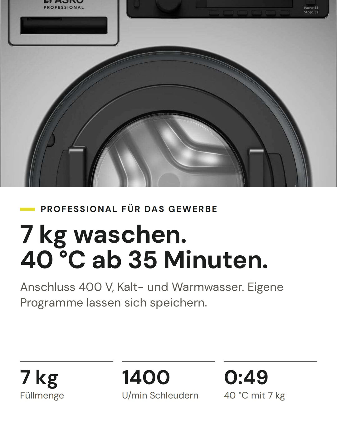 ASKO Professional Waschmaschine WMC 6743PB T auf einen Blick: Füllmenge 7 kg, U/min Schleudern 1400, 40 °C mit 7 kg 0:49