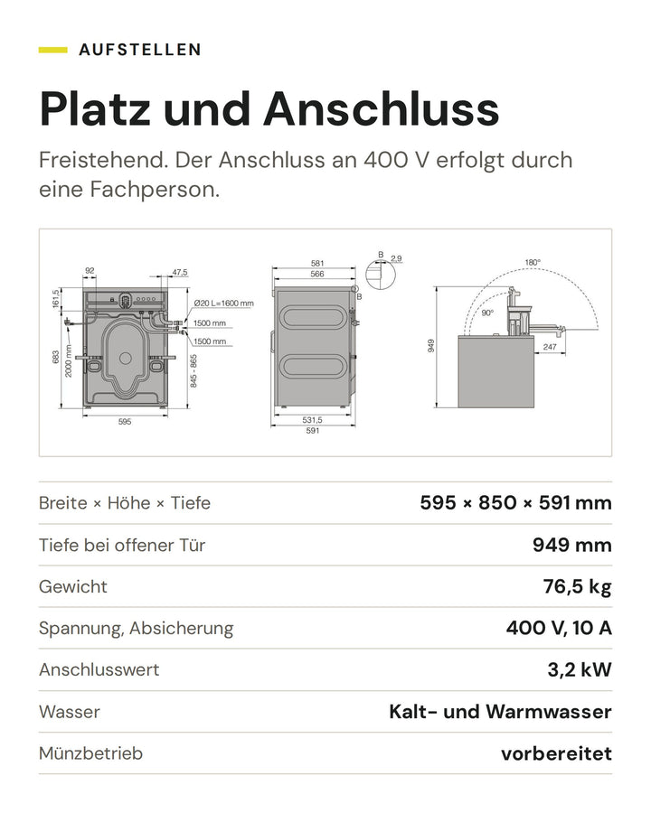 Platz und Anschluss der ASKO Waschmaschine WMC 6743PB T: Breite × Höhe × Tiefe 595 × 850 × 591 mm, Tiefe bei offener Tür 949 mm, Gewicht 76,5 kg, Spannung, Absicherung 400 V, 10 A, Anschlusswert 3,2 kW, Wasser Kalt- und Warmwasser, Münzbetrieb vorbereitet