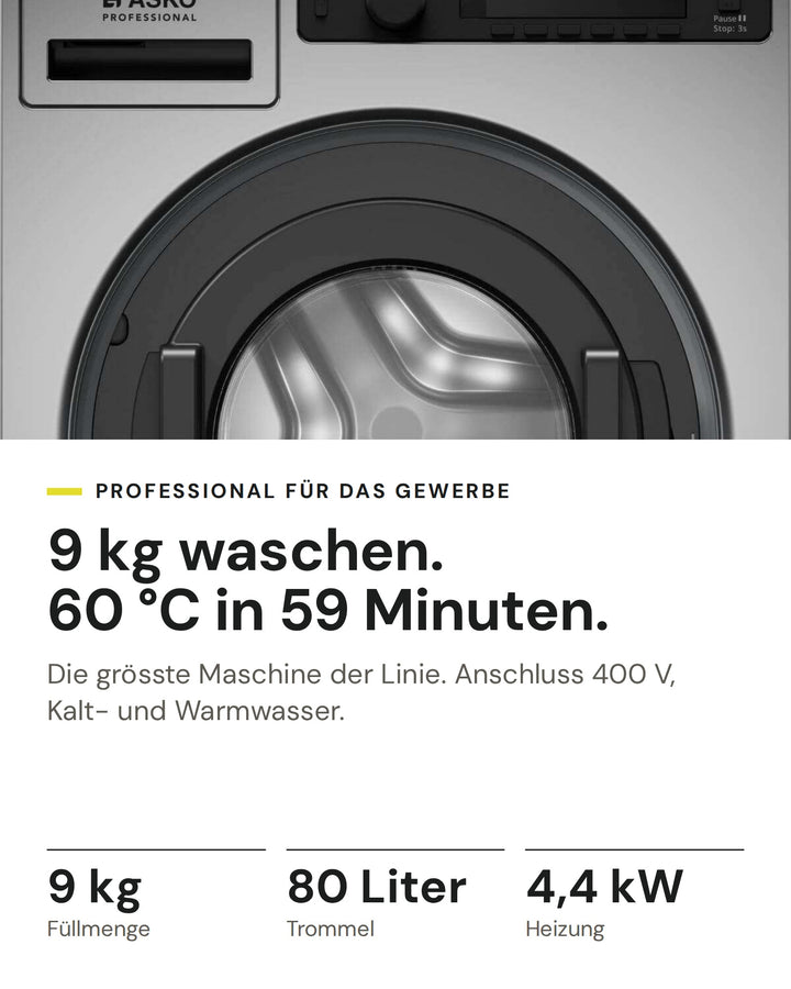 ASKO Professional Waschmaschine WMC 8944PB T auf einen Blick: Füllmenge 9 kg, Trommel 80 Liter, Heizung 4,4 kW
