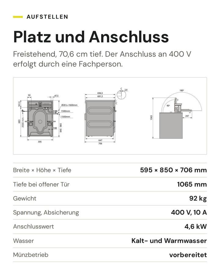 Platz und Anschluss der ASKO Waschmaschine WMC 8944PB T: Breite × Höhe × Tiefe 595 × 850 × 706 mm, Tiefe bei offener Tür 1065 mm, Gewicht 92 kg, Spannung, Absicherung 400 V, 10 A, Anschlusswert 4,6 kW, Wasser Kalt- und Warmwasser, Münzbetrieb vorbereitet
